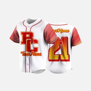 Camiseta de béisbol personalizada roja y amarilla: número degradado estampado con calor y monograma del equipo