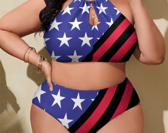 Curvy Fit American Flag-Inspired High-Waisted Bikini - Patriotic Plus Size Swimwear with Custom Style Options, bikini for her or lover