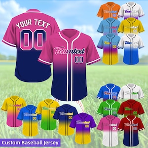 May include: A collection of custom baseball jerseys in various colors with a gradient design. The jerseys feature the text "Teamtext" and a number "00" on the front. The jerseys are available in pink, blue, yellow, green, red, white, and orange.