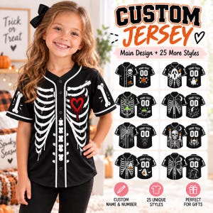 May include: A black button-down baseball jersey featuring a white skeleton rib cage graphic on the front and a red heart on the left chest. The text CUSTOM JERSEY is displayed at the top right, alongside a grid of various skeleton-themed designs.