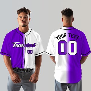 May include: White and purple baseball jersey with black trim. The front of the jersey has the text "Team Text" and the number "00". The back of the jersey has the text "Your Text" and the number "00".