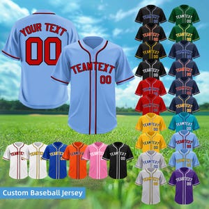 May include: A customizable baseball jersey with a variety of color options. The jersey is light blue with red trim and features the text "YOUR TEXT" and the number "00" on the back. The front of the jersey has the text "TEAMTEXT" and the number "00".