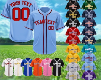 Light Blue Baseball Jersey with Red Trim, Custom Arched Team Name and Number, Ideal for Sports Teams, Fans, and Personalized Gifts