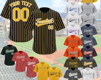 Custom Embroidered Pinstripe Baseball Jersey with Personalized Team Name and Number, Contrasting Sleeves, Ideal for Sports Teams and Gifts