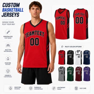 Op de afbeelding: Een mouwloos basketbalshirt in rood en zwart met een V-hals, voorzien van de tekst TEAMTEXT en het nummer 00 op de voorzijde. Het shirt wordt getoond in meerdere kleurvariaties, waaronder wit, blauw, groen en paars, gecombineerd met een zwarte short.