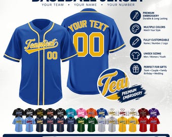 May include: A custom baseball jersey in blue with yellow trim, featuring the text "YOUR TEXT" and the number "00" on the back. The front displays "Teamtext" and "00". A circular inset shows a close-up of the yellow embroidery on blue fabric.