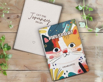 Titular de pasaporte de cuero vegano Kitty personalizado / Titular de pasaporte personalizado con nombre para los amantes de los gatos / Cubierta de pasaporte para adultos y niños