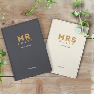 Set of 2 Personalized Vegan Leather Couple Passport Holder with Name - Custom passport cover wedding and anniversary gift | Mr & Mrs