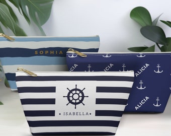 Personalized Stylish Makeup / Cosmetic Pouch with Name (Made in USA) - Nautical, Striped design - Gifts for wedding, birthday and more