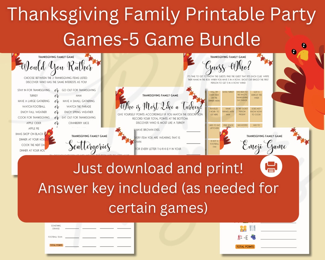 Thanksgiving Family Game Printable, 5-pack Game Bundle, Family Game Printable, Thanksgiving ...