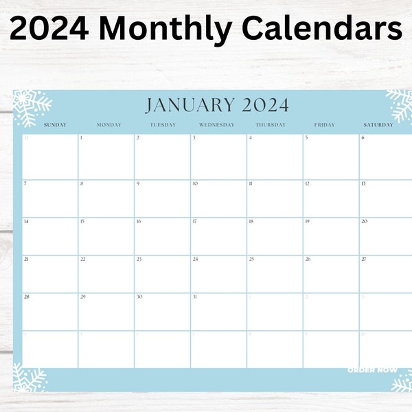 Digital 2024 Monthly Planner, Monday and Sunday start, January- December 2024, Desk Calendars, Student Calendars, 2024 Colorful Planners