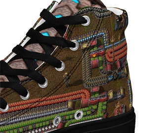 Factorio Video Game High Top Canvas Shoes, Sizes US Men's 5, 5.5, 6, 6.5, 7, 7.5, 8, 8.5, 9, 9.5, 10, 10.5, 11, 11.5, 12, 12.5, & 13
