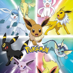 Könnte beinhalten: Eine bunte Illustration von neun Pokémon-Charakteren, darunter Eevee und seine Entwicklungen. Die Charaktere sind in einem Kreis um das Wort "Pokémon" angeordnet.