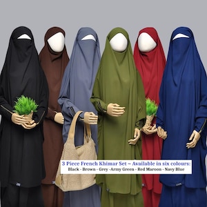 6 COLOURS| 3PC Muslimah Set Sleeved French Khimar,Skirt,Niqab Adjustable Niqab Daily Outfit/Prayer Clothes ONE SIZE Suits S-2XL ~ Labasa