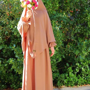 Light Brown 2pc Girls Abaya Set Children Quality Modest Dress Long Khimar/Hijab/Jilbab Outfit Eid/Madrasah/Umrah Size 8, 9, 10 years  - Asha