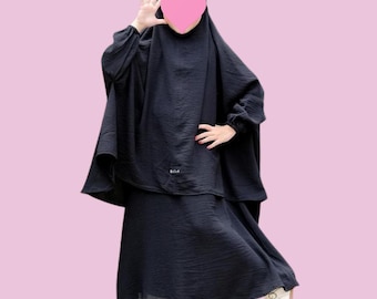 Conjunto musulmán para niñas: vestido de manga corta, khimar/hiyab con lazos, ropa modesta infantil (tallas 1-5 años). Ideal para uso diario, Umrah y oración.