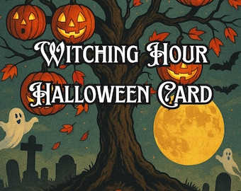 Witching Hour Vintage Halloween Tree Greeting Card | Spooky Autumn Art Card | Retro Jack-o'-Lanterns | Fall Graveyard Scene