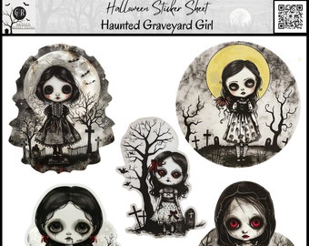 Haunted Graveyard Girl Vintage Halloween Sticker Sheet Holiday Sticker Sheet