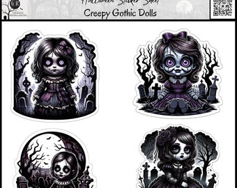 Creepy Gothic Dolls Halloween Sticker Sheet Holiday Sticker Sheet Halloween Stickers