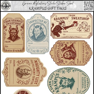 May include: A sheet of Krampus gift tags with various designs. The tags feature illustrations of Krampus, the horned figure of folklore, and include text such as "From Krampus' Sweatshop" and "Naughty List".