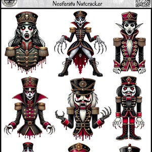 May include: A sticker sheet featuring nine illustrations of Nosferatu Nutcrackers. The nutcrackers are dressed in red and black military uniforms with gold accents. They have fangs, dripping blood, and skeletal features. The sticker sheet is titled "Christmas Sticker Sheet Nosferatu Nutcracker".