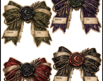 Witchcraft Bow Gift Tag Stickers – Gothic Wax Seal Tags, Dark Cottagecore, Occult Packaging Labels