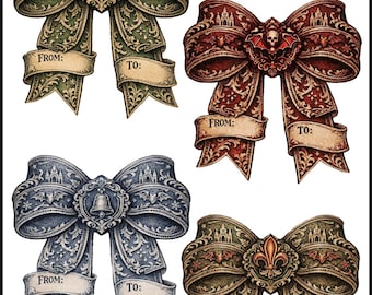Baroque Gothic Bow Gift Tag Stickers – Vintage Holiday Tags | Gothic Christmas Labels