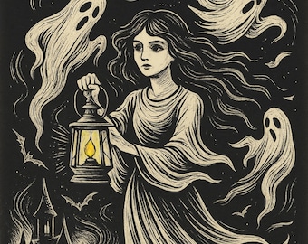 Lantern Bearer Postcard – Gothic Halloween Art Print | Graven Hollow Lore Collection | Ghostly Spirit in Cemetery, Haunted Night Scene