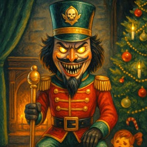 May include: An illustration of a menacing nutcracker in a red and green uniform, holding a staff. The image includes a Christmas tree and the text "Tis the Season to be Fearful."