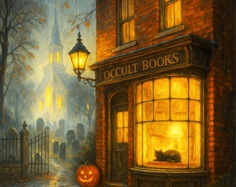 Occult Bookshop Around the Corner Halloween Greeting Card – Gothic Spooky Village Bookstore Illustration Halloween Card -Spooky Card-Samhain