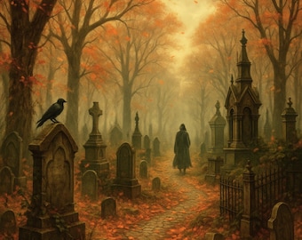 Eternal Remembrance Postcard – Gothic Autumn Cemetery | Graven Hollow Lore Collection | Melancholic Graveyard Scene, Dark Academia Postcard
