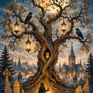 May include: A digital illustration of a person and a cat standing on a stone path in a cemetery at night. A large tree with glowing lanterns and ravens sits before a full moon. An owl rests in the tree hollow. Gravestones read Memento Mori.