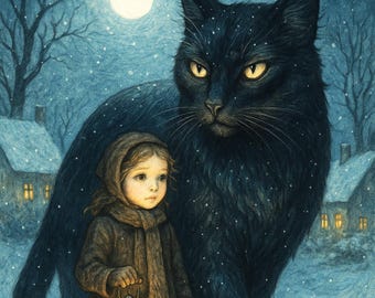 Yule Cat Protector Christmas Card– Gothic Winter Art , Icelandic Folklore Card, Victorian Girl & Black Cat Illustration, Nordic Holiday Gift