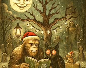 Christmas Cryptids Card – Bigfoot, Mothman & Graveyard Mouse | Gothic Holiday Greeting Card | Spooky Cute Christmas Card