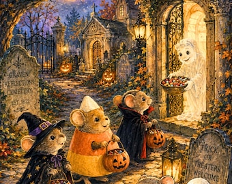 Graveyard Mouse Halloween Card for Kids, Trick or Treat Mice, Whimsical Spooky Cemetery, Children’s Halloween Greeting