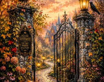 Lantern Gate Gothic Autumn Greeting Card | Cozy Fall Card | Victorian Halloween