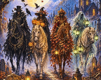 Four Horsemen of Halloween Greeting Card – Gothic Halloween, Cozy Spooky Cemetery Art