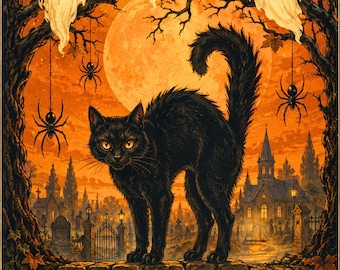 Midnight Graveyard Cat Halloween Card, Vintage Black Cat Greeting  Ghost & Jack O Lantern