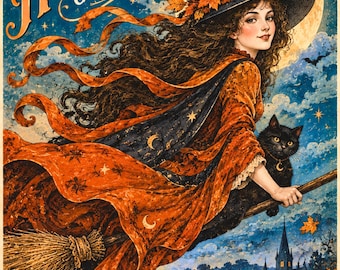 Moonlit Flight Halloween Greeting Card | Vintage Witch & Black Cat | Gothic Halloween Art