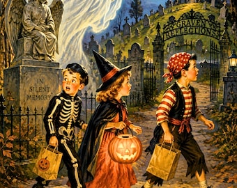 Vintage Halloween Greeting Card – Graveyard Shortcut | Retro Ghost Trick or Treat Card