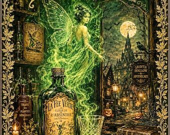 La Fée Verte Halloween Card, Green Fairy Gothic Greeting Card, Vintage Victorian, Absinthe Inspired Art