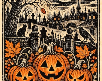 Graveyard Pumpkins Halloween Greeting Card | Vintage Linocut Folk Art | Gothic Cemetery Full Moon