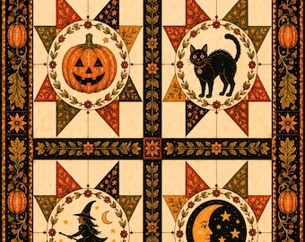 Halloween Patch Quilt Greeting Card | Vintage Seasonal Art| Folk Art Autumn