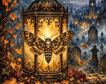 Keeper of the Flame Halloween Card, Death’s Head Moth Gothic Greeting, Victorian Lantern Cemetery Art