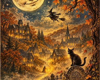 Moon Over Graven Hollow Halloween Card - Vintage Witch & Moon Greeting - Gothic Village Black Cat