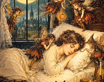 All Hallows Dream Halloween Card - Vintage Autumn Fairy Greeting, Victorian Gothic