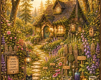 Witch's Garden Greeting Card | Cottagecore Witch Cottage | Botanical Herbal Garden