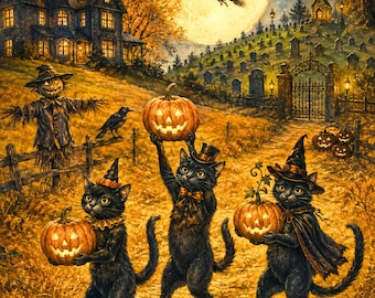 Cats Midnight Parade Halloween Card - Vintage Black Cat Card - Jack O Lantern Gothic Halloween Greeting