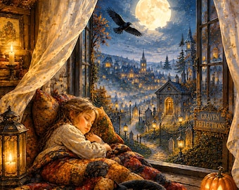 Dreaming of Halloween Greeting Card | Cozy Gothic Autumn | Cottagecore Art