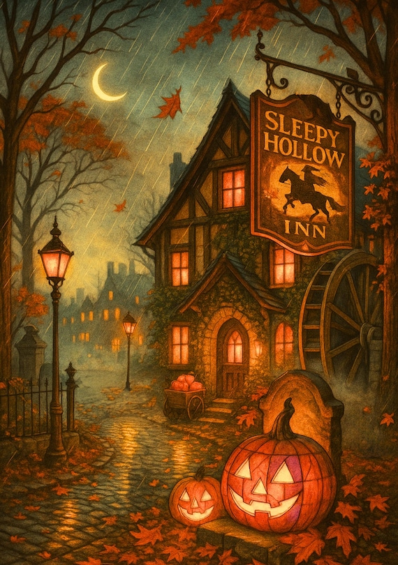 Sleepy Hollow Inn Halloween Greeting Card – Cozy Autumnal Gothic Village, Vintage Headless Horseman Inspired Card